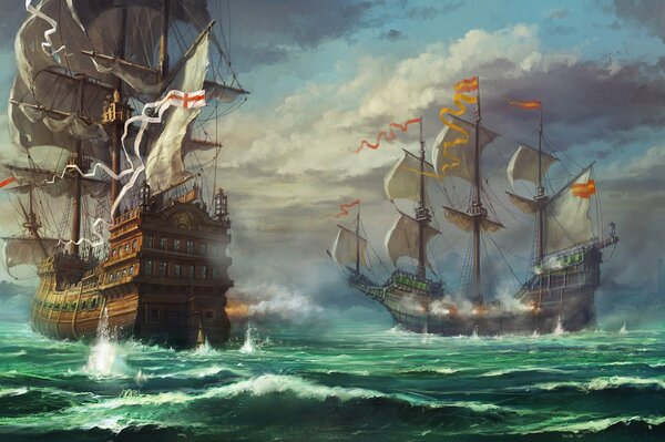 Batalla en el mar entre los buques de guerra