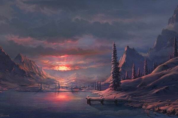 Winter mountain landscape art