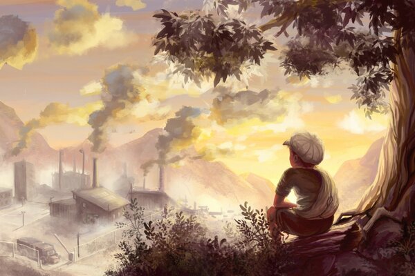 Malarstwo obraz sztuka chłopiec pod drzewem roślina dym