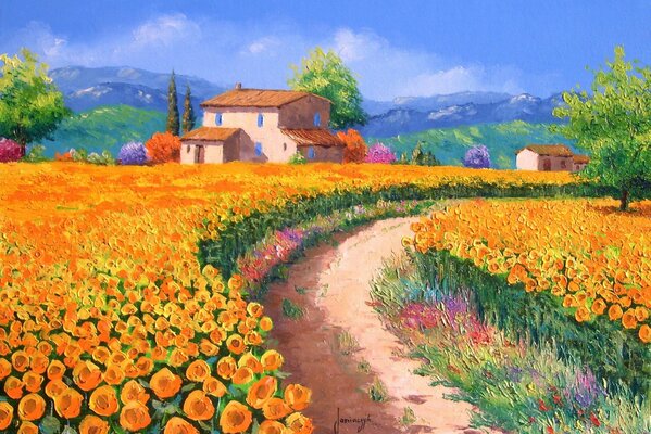 Painting of a field of orange flowers with a house