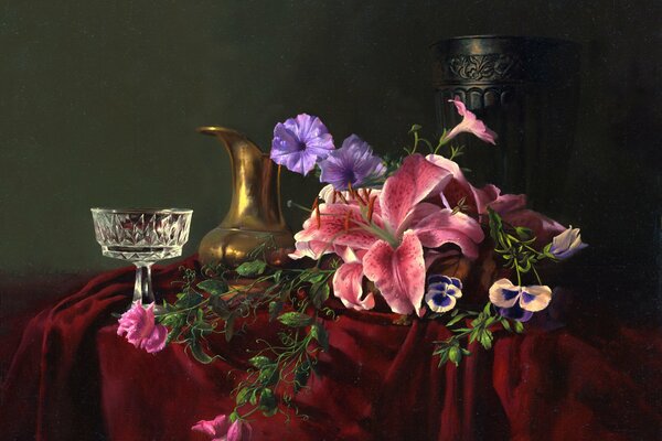 Nature morte d Alexei Antonov avec fleurs et cristal