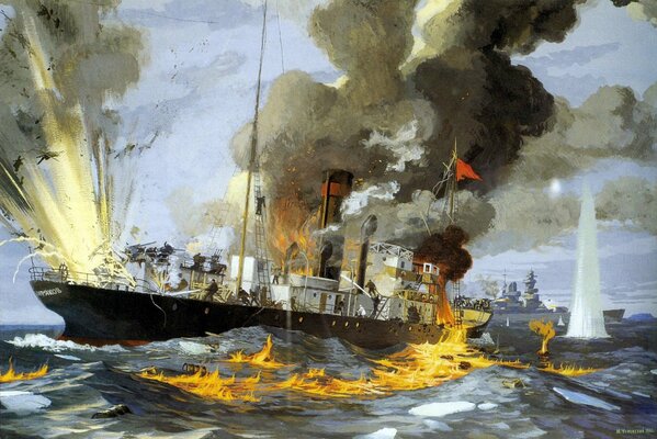 Der Künstler hat den Krieg am Meer auf dem Gemälde deutlich zum Ausdruck gebracht