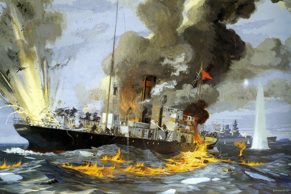 The artist vividly expressed the war at sea in the painting