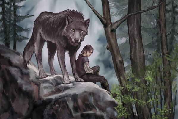 Живопись, картина волк лес мальчик