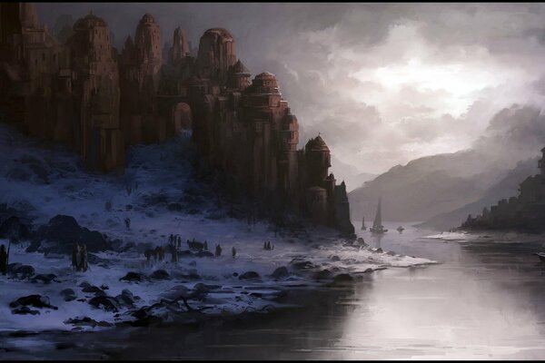 Río de invierno con castillo y barcos Andreas rocha