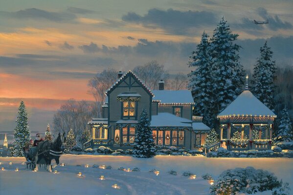 Santa Claus s cart. New Year s landscape with a house