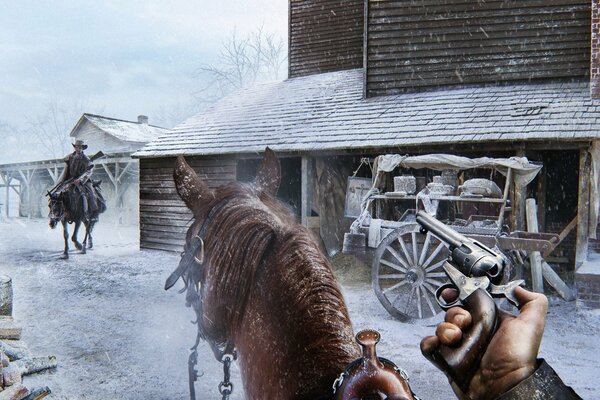 Kunst Winter in der Stadt ein Mann mit einem Revolver