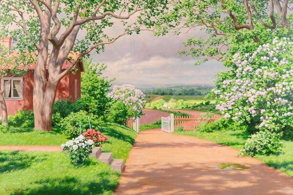 Krajobraz obraz przedstawiający dom i piękny ogród
