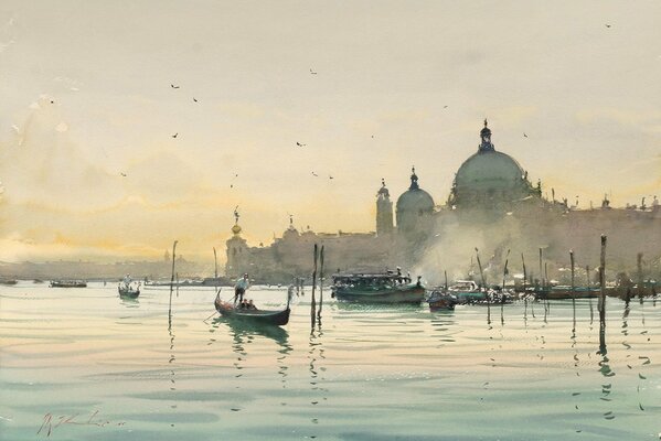 Watercolor painting morning in Venice