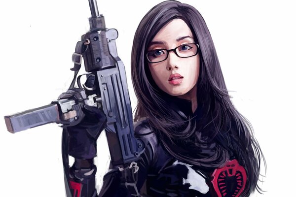 Chica con gafas con un arma en la mano