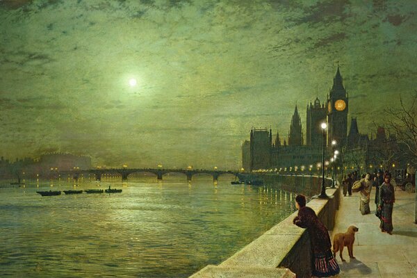 River embankment in London with lanterns, bridge and Big Ben