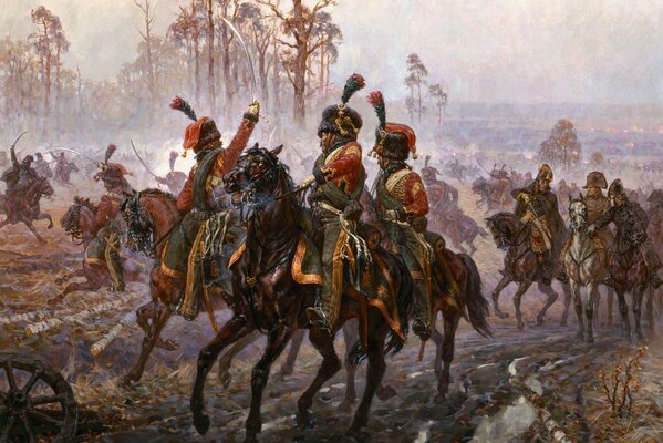 Mounted soldiers on the trail against the background of bare trees