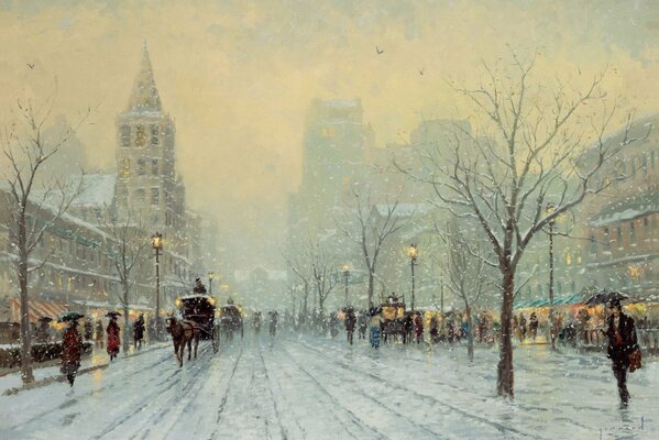 Imagen, calle de la ciudad cubierta de nieve, la gente va, monta el transporte