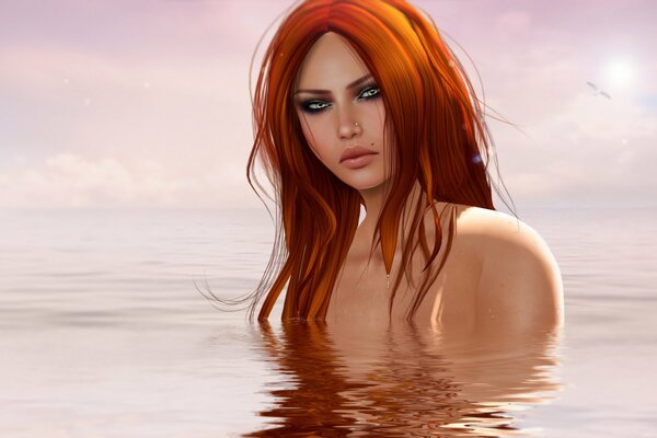 Red-haired girl in the water