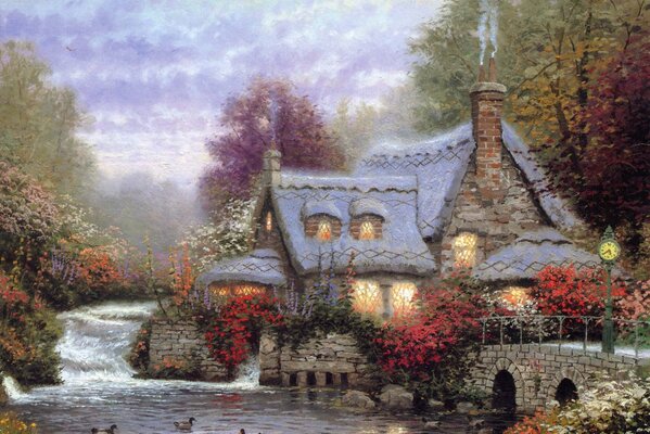 A cozy cottage is depicted in the picture , ducks are swimming nearby