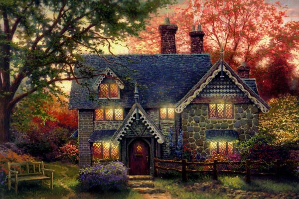 Вечерний пряничный домик со светящимися окнами