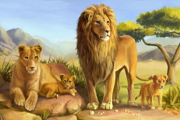 Art lion lioness and lion cub