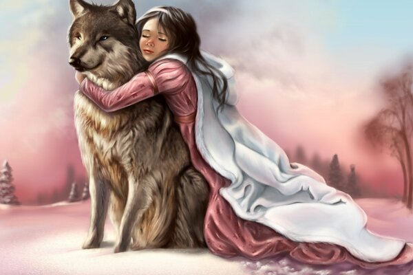Арт девушки, обнимающей волка