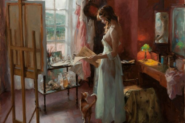 Obraz dziewczyna w prześcieradle przy lustrze