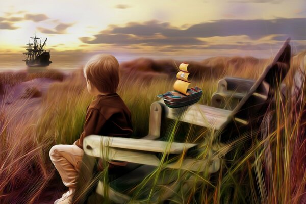 The boy sits in a chair on the shore and dreams of a ship