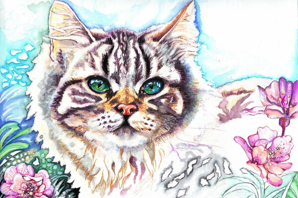 Peinture animal chat avec des yeux verts
