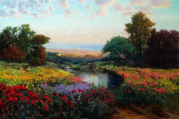 Seenlandschaft Ölgemälde mit Blumen und Himmel von Eric Wallis