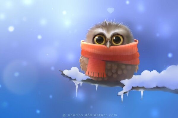 Hibou sur une branche avec de la neige dans une écharpe rouge