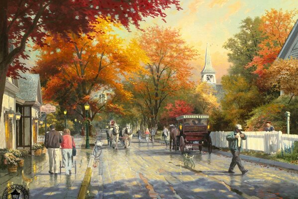 Pintura. Pequeña ciudad en otoño