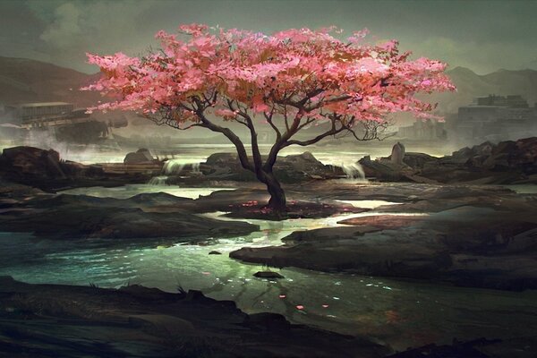 Lonely cherry blossoms among post-apocalyptic wreckage