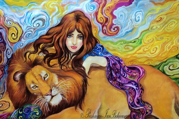 Арт живопись абстракция девушка и животное