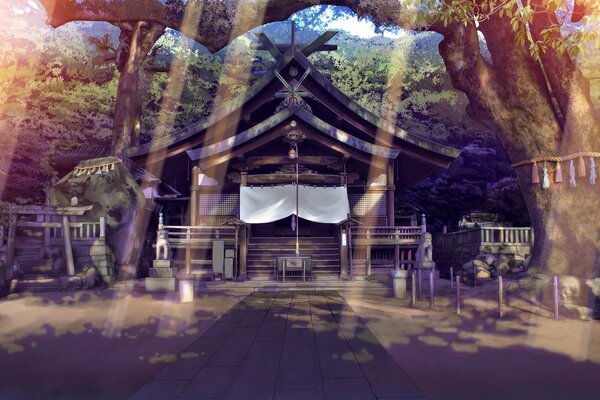 Japanese temple in the rays of the sun