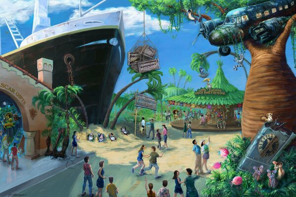 Drawing of Madagascar with people and an attraction