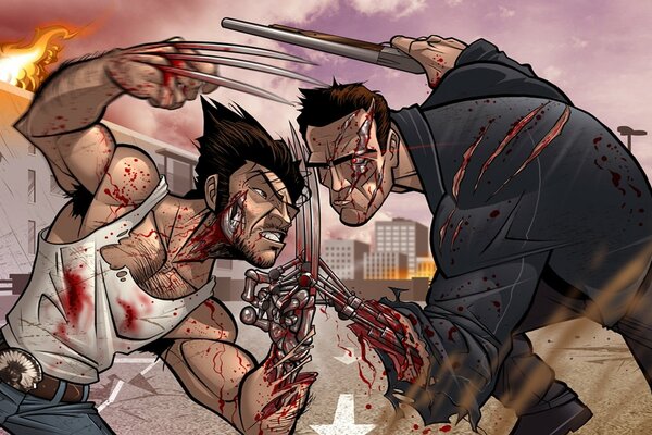 Wolverine is afraid with terminator on the background of the city art