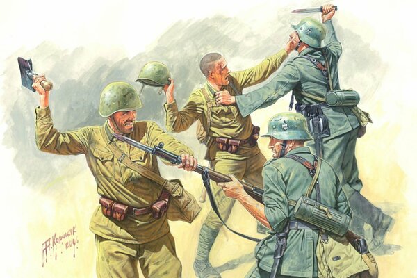 Kämpfende Soldaten in grüner Uniform auf grauem, fleckigem Hintergrund