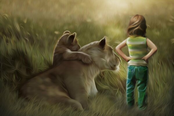 Una niña en la hierba junto a una Leona y un cachorro de León