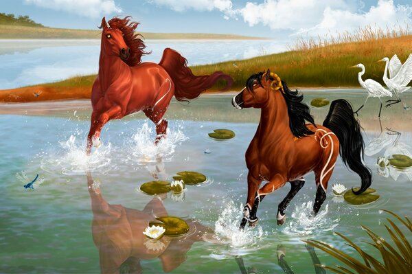 Los caballos galopan en el arte del agua