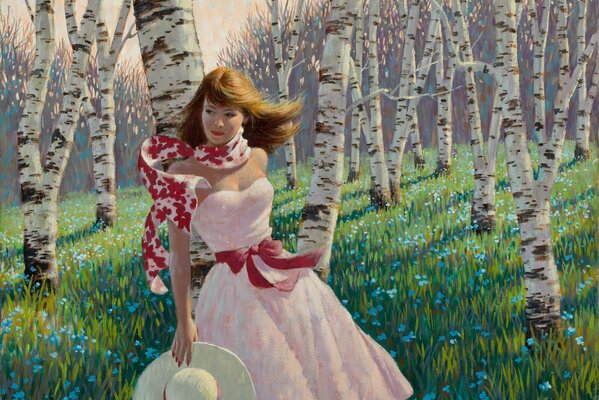 A girl in a pink dress in a birch forest