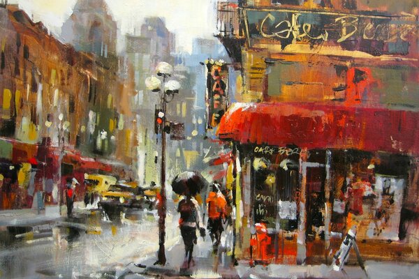Stadt Straße regen, hause Lichter, stadtlandschaft Malerei