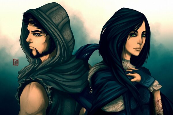 Art girl and guy in hoods