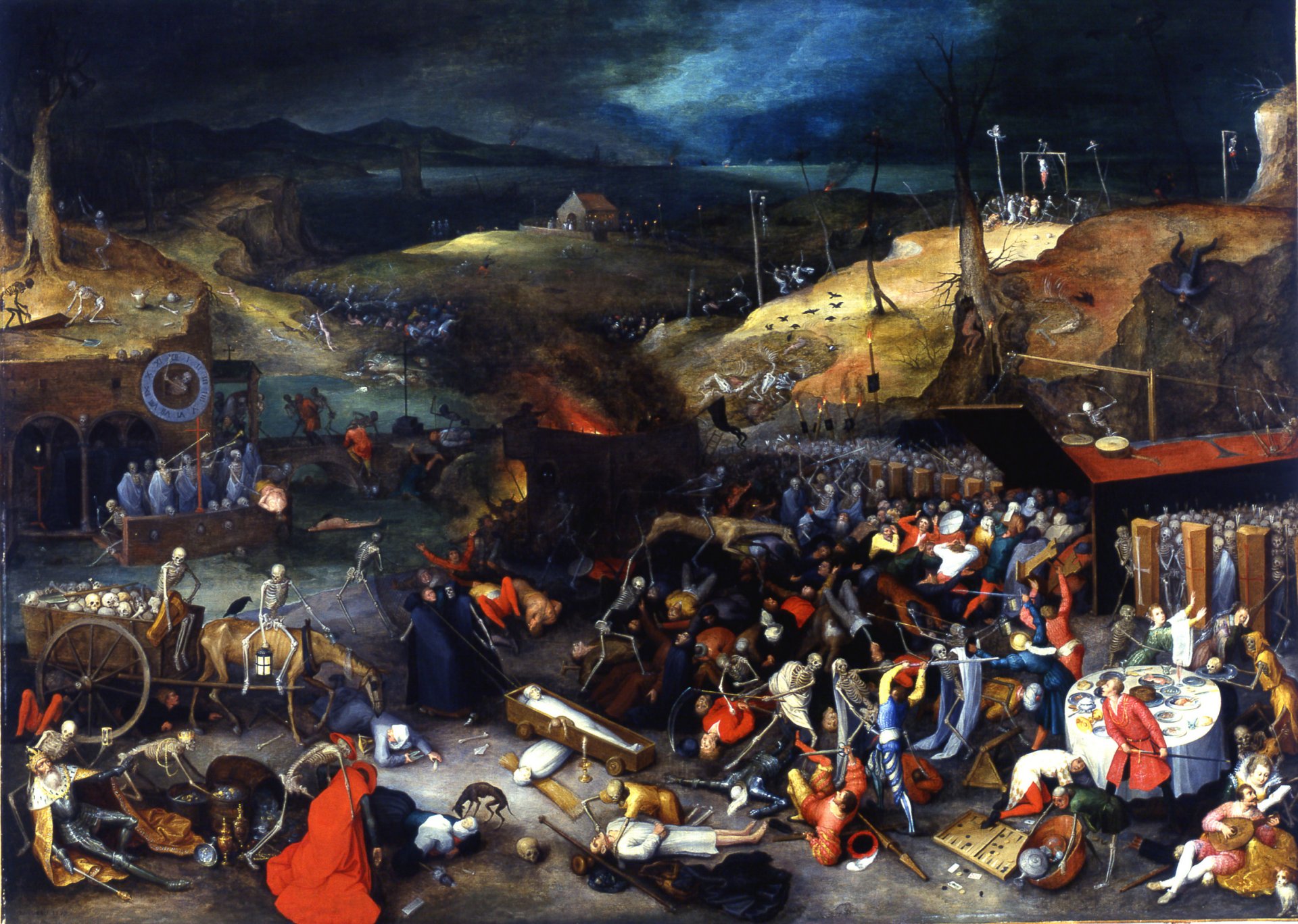 peter bruegel pintura triunfo de la muerte pintura.muerte peste cadáveres esqueletos oro música ataúdes backgammon trampa