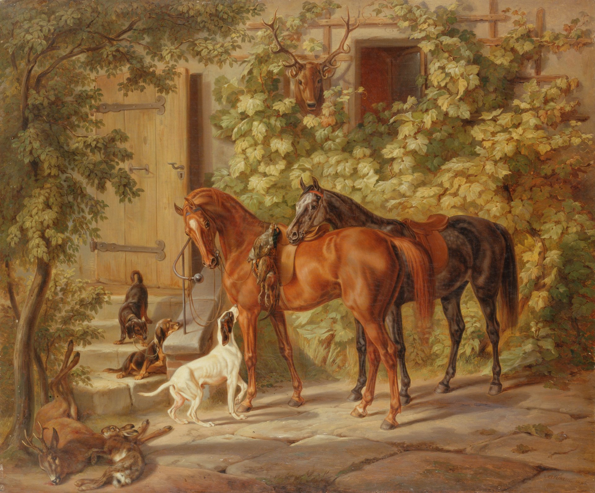 peinture après la chasse cheval chien proie