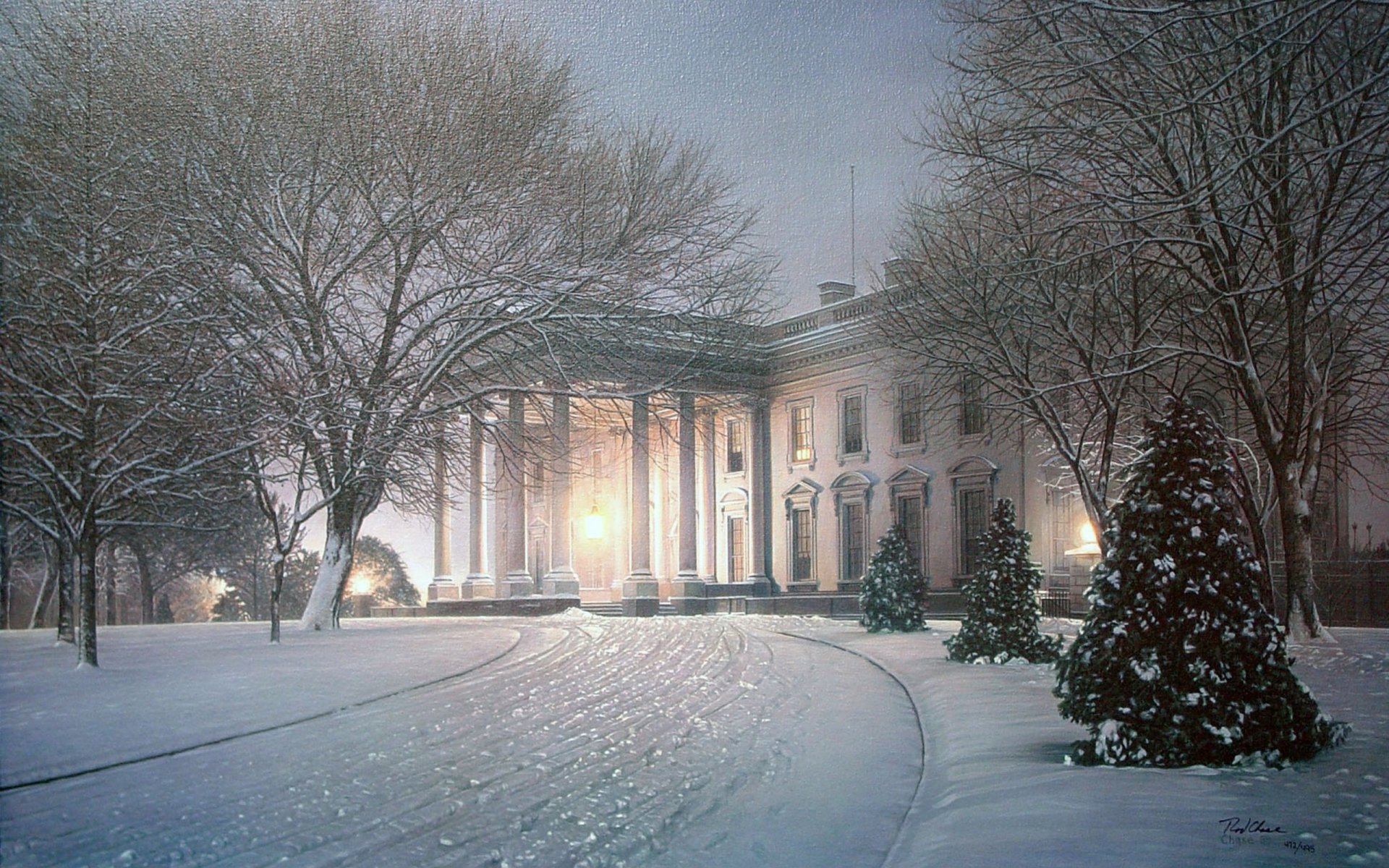 casa de américa rod chase pintura árbol de navidad noche aligeramiento nieve invierno invierno casa villa mansión parque árboles árboles de navidad luz iluminación pintura pinturas dibujo dibujos arte