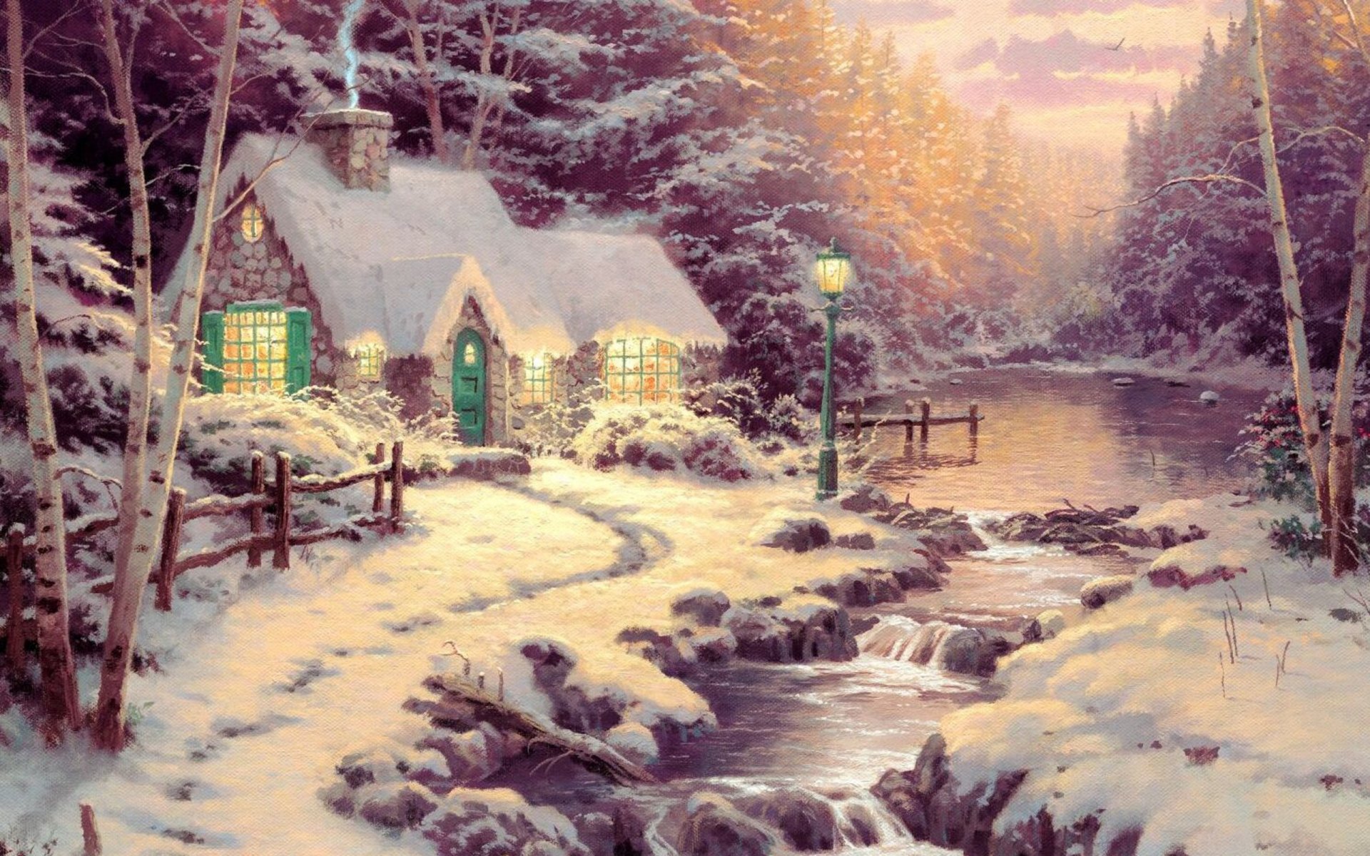 thomas kincaid evening glow painting art cottage forest winter snow river evening painting evening light winter fir tree