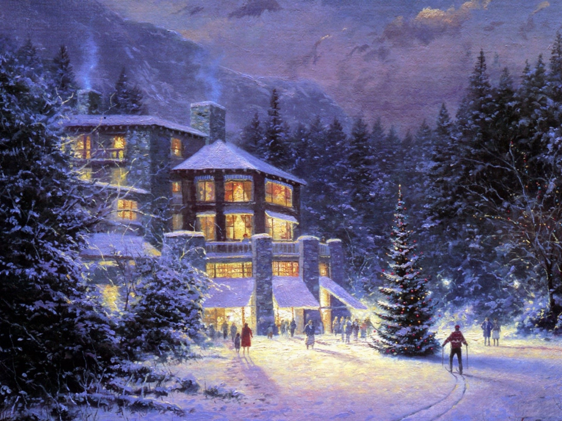 hiver vacances peinture noël à ahwahnee noël thomas kincaid peinture hôtel skieur forêt épinette gens