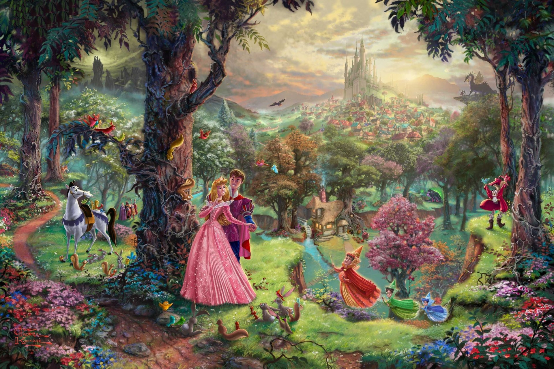 la bella addormentata thomas kincaid arte pittura film d animazione walt disney fiaba cartone animato personaggi castello case foresta parco alberi drago