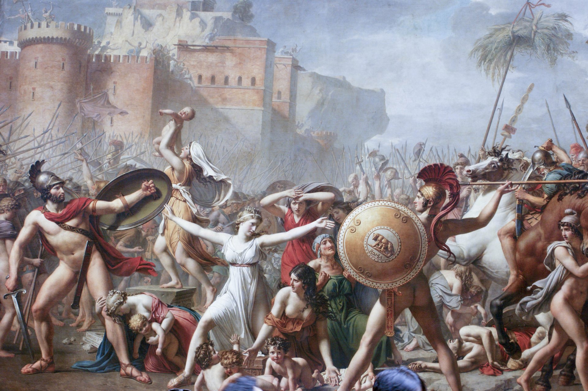 rom empires femmes enfant néoclassicisme peintre jacques louis david sabiniens empire rome hommes épée bouclier lance inimitié enfants guerriers armée personnage féminin central du tableau-gersilia épouse de romulus précédemment enlevée