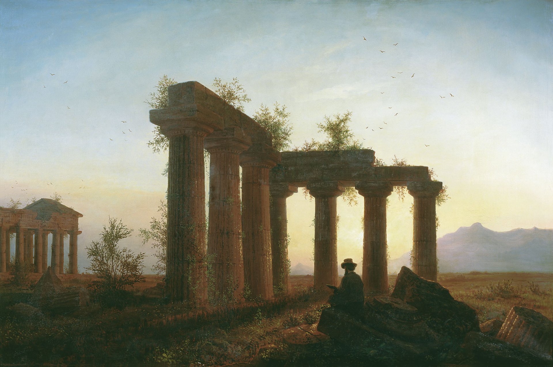 rovine tempio greco tramonto uomo pittura