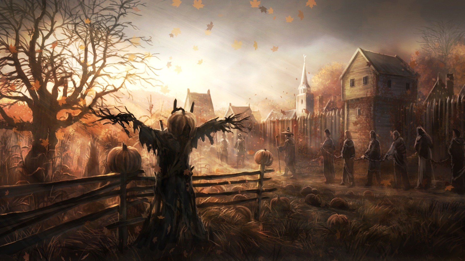 art autumn tree house fences church garden scarecrow pumpkin wind leaves people prisoner