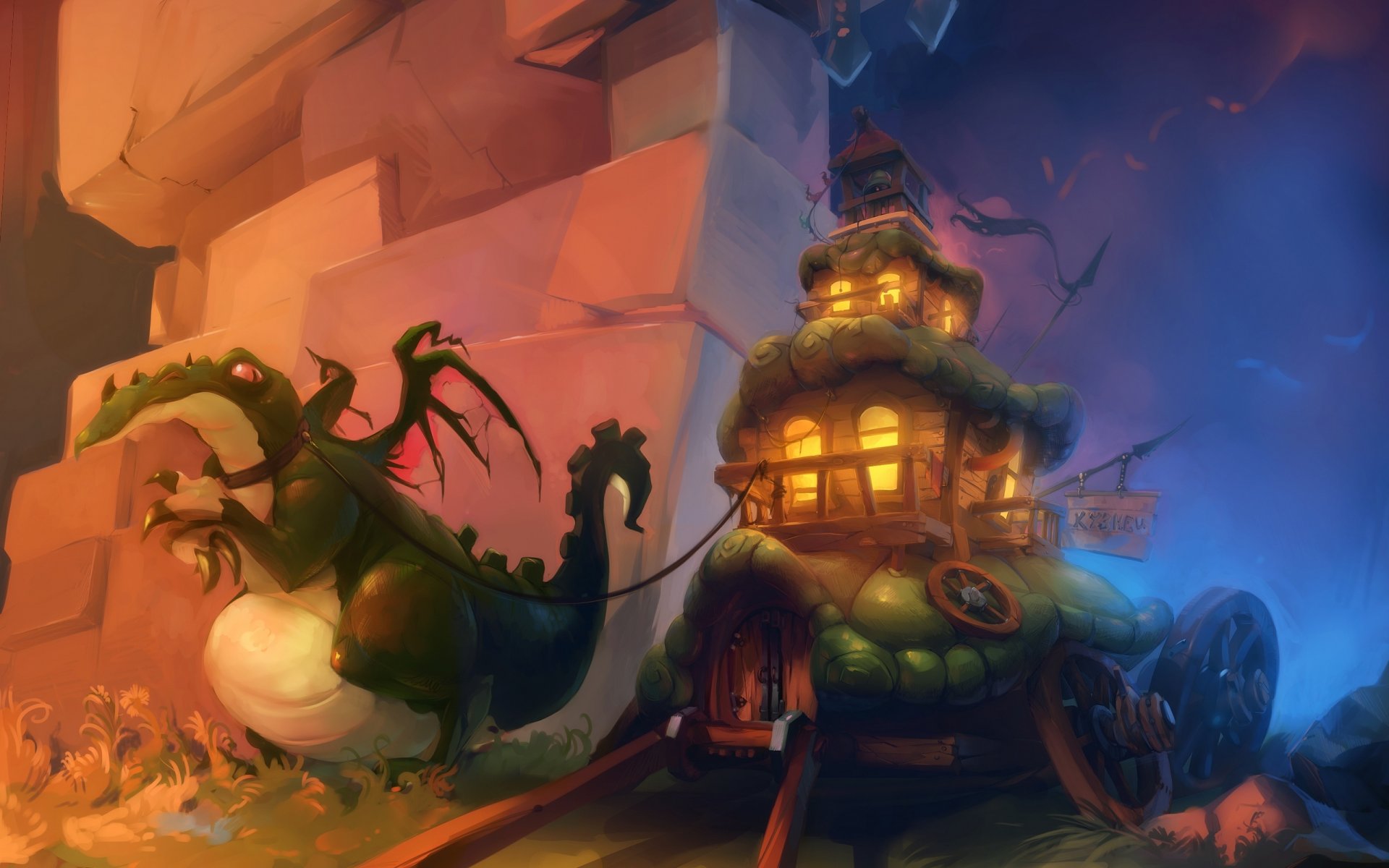 dragon wagon oritey fantasy art dragon pack train cart house art