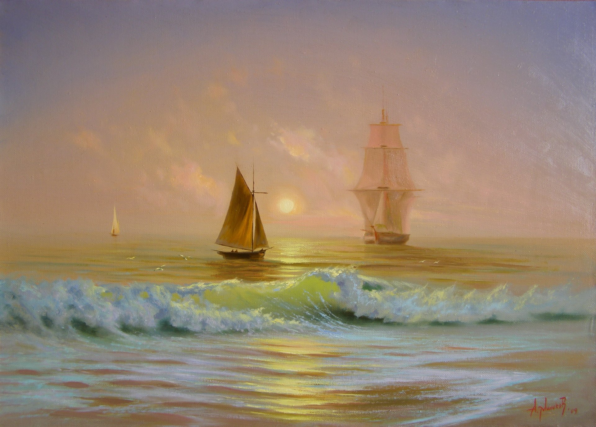 miliukov alexander sol amanecer crimea mar barco barcos vela ola pintura pintura belleza